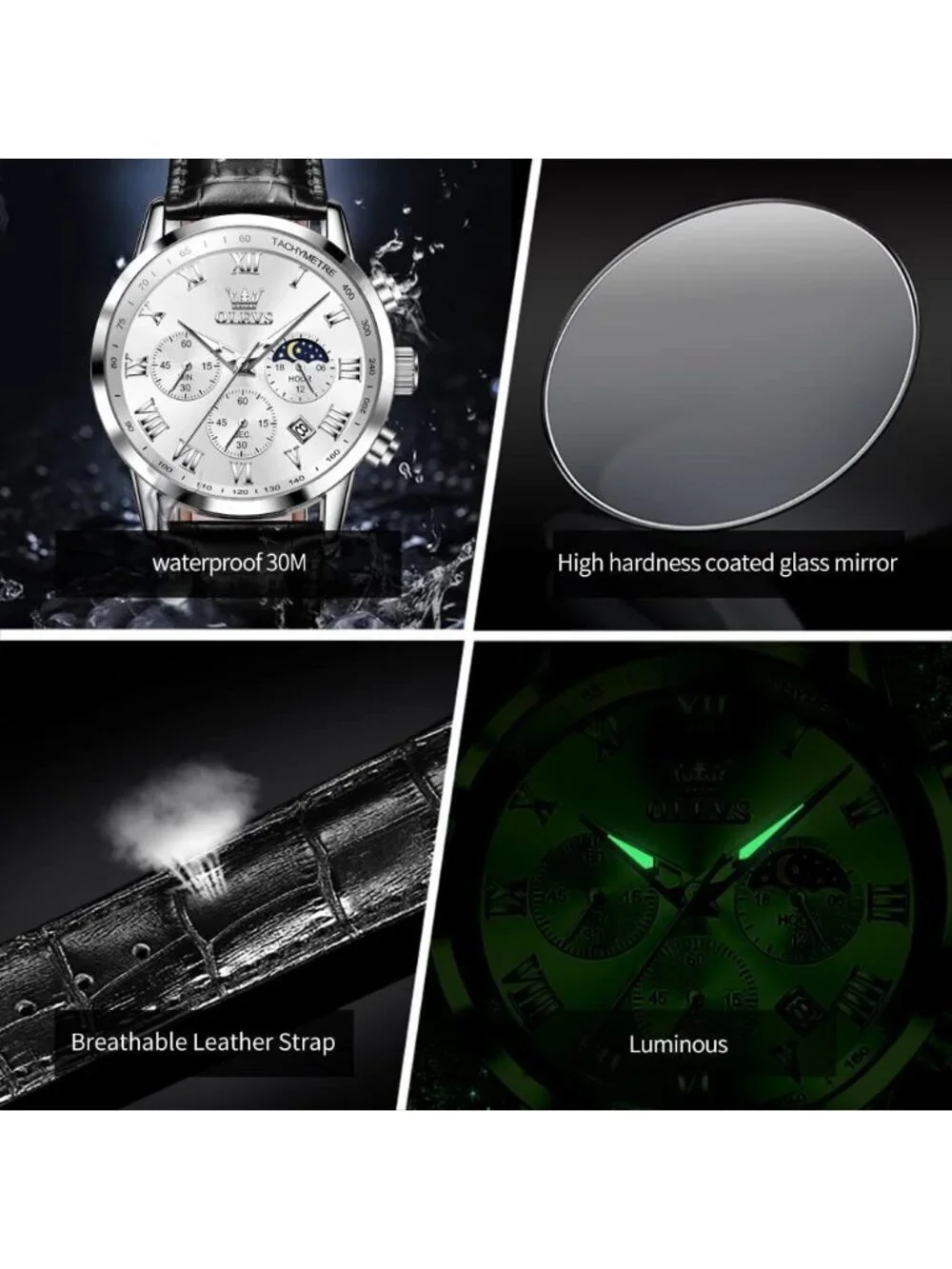 Men's Black White Leather Analog Quartz Luxury Chronograph Waterproof Wristwatch